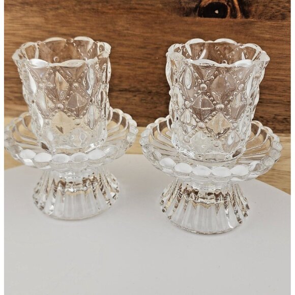 2 Partylite Quilted Votive Candle Holders set crystal  tealight romantic glass r - Picture 2 of 11